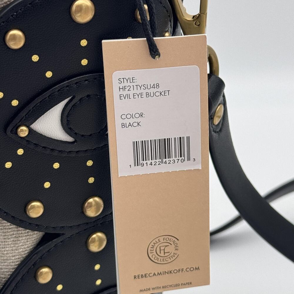 Rebecca Minkoff Evil Eye Bucket Bag Studded Leather Canvas Crossbody Black NEW - Picture 3 of 16
